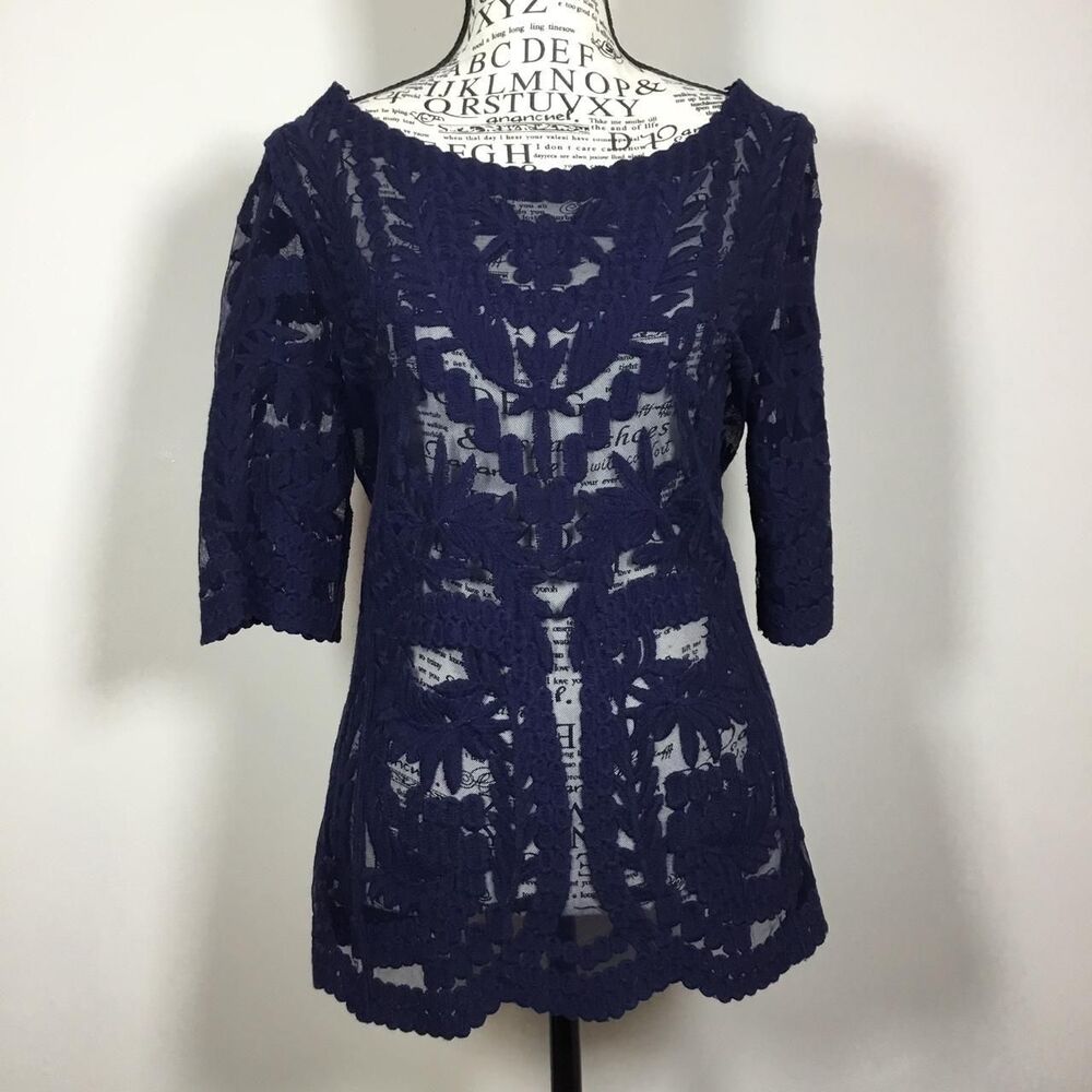 Navy blue cover up top 1/2 sleeves sheer lace embroidery summer S